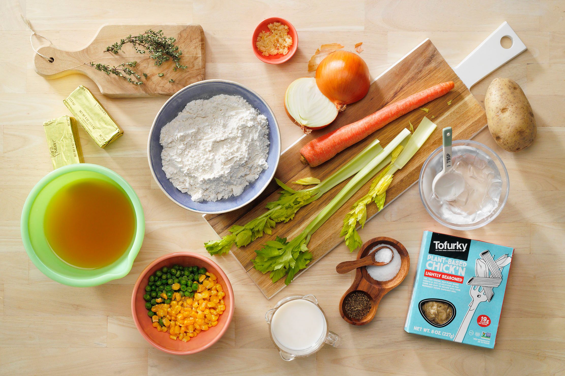 Vegan Potpie Overhead Shot Of All Ingredients On The Surface.