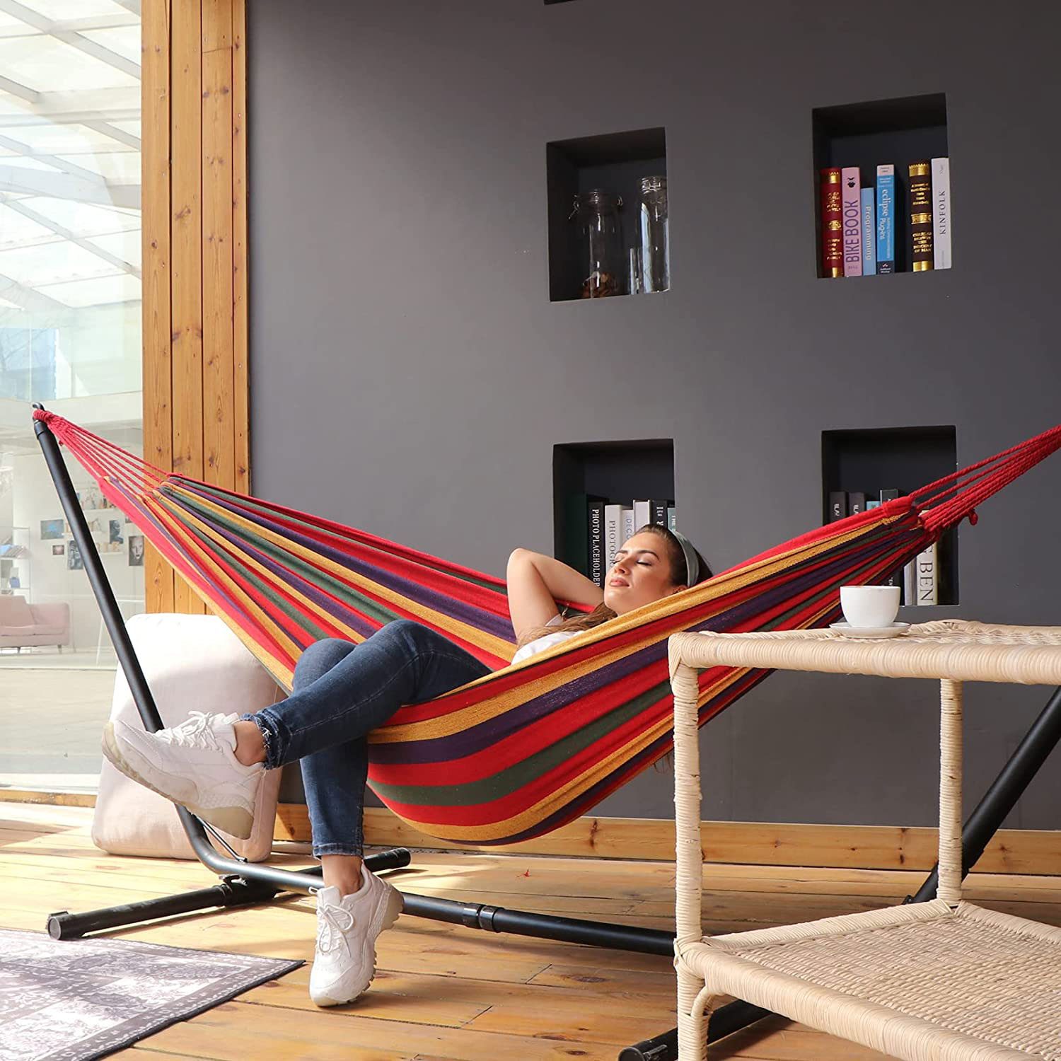 Anyoo Garden Cotton Hammock Comfortable Fabric Hammock With Tree Straps