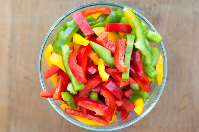 Colored peppers mixed in a bowl