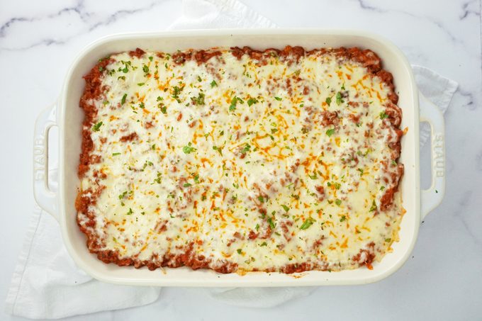 baked Tiktok Spaghetti in a rectangular baking dish