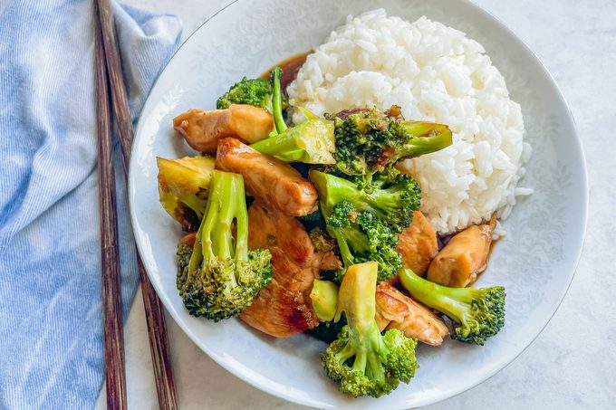 Chinese Chicken and Broccoli with Rice in Plate