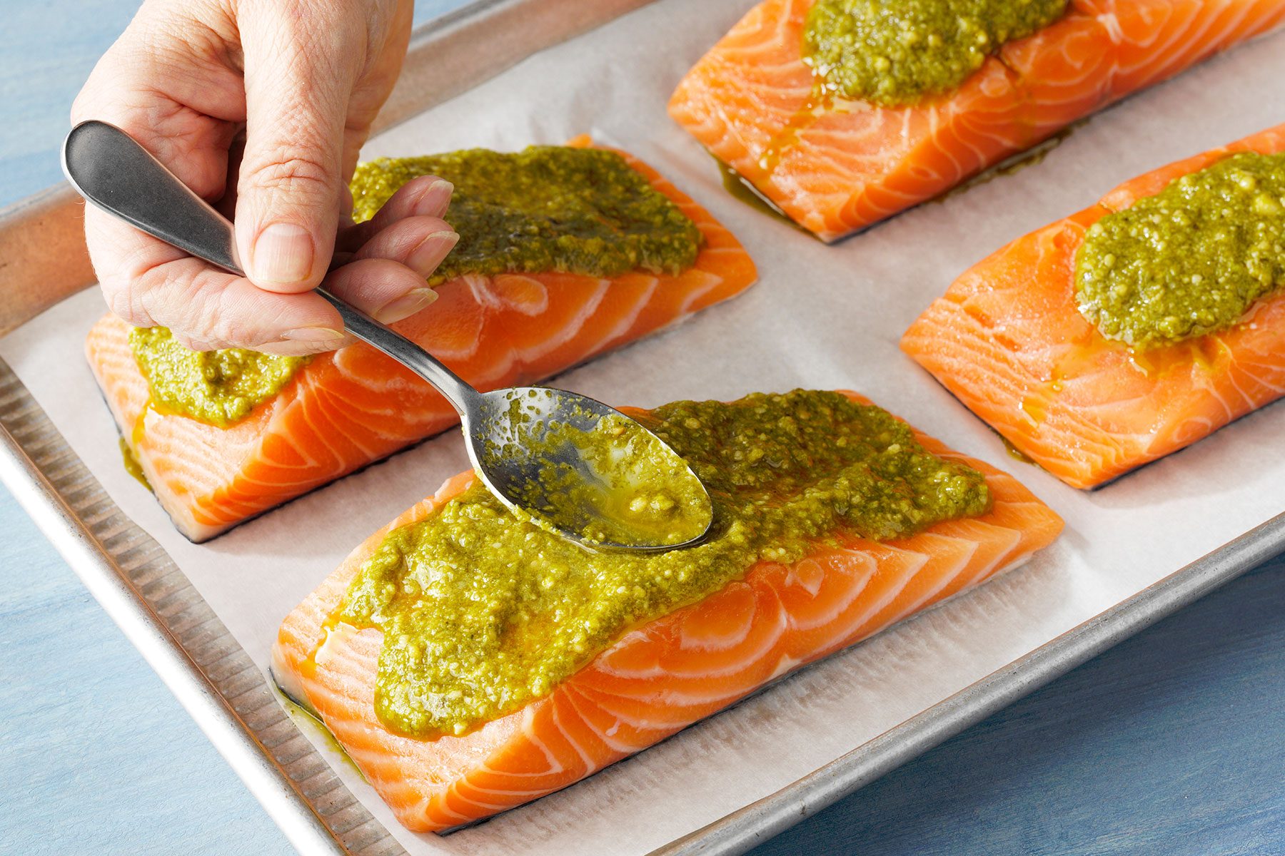 Spreading Pesto on Fillets