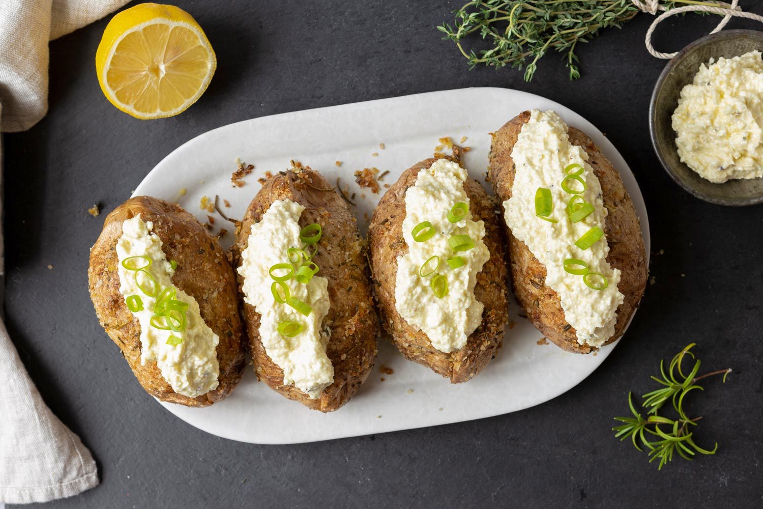 Overhead Styled Ina Garten Whipped Feta Baked Potatoes Nancy Mock For Toh