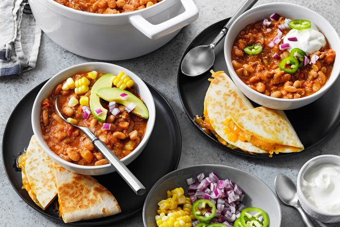 Pinto Bean Chili served with veggies and pita bread
