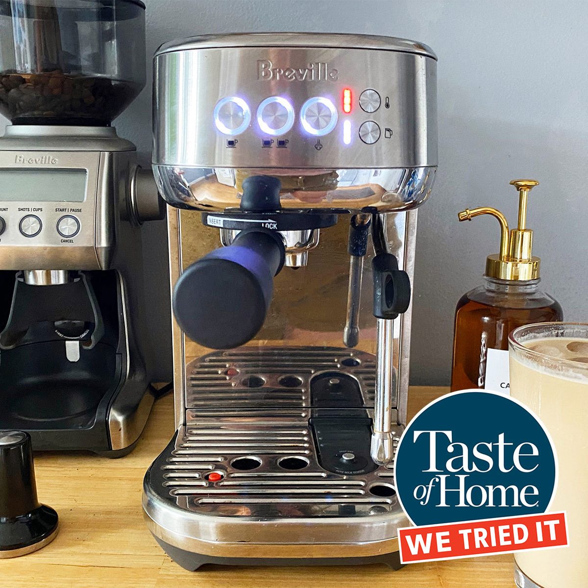 Breville Espresso Machine on a wood kitchen counter