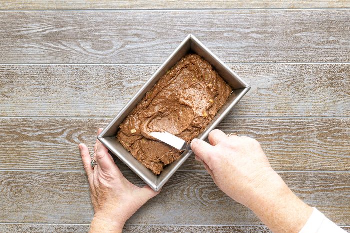 Chocolate Banana Bread mixture in a loaf pan
