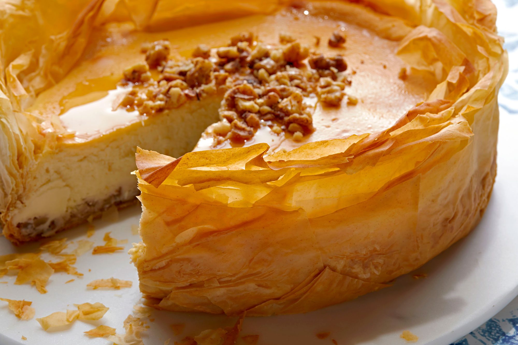 Close-up of Delicious Baklava Cheesecake sliced on a plate