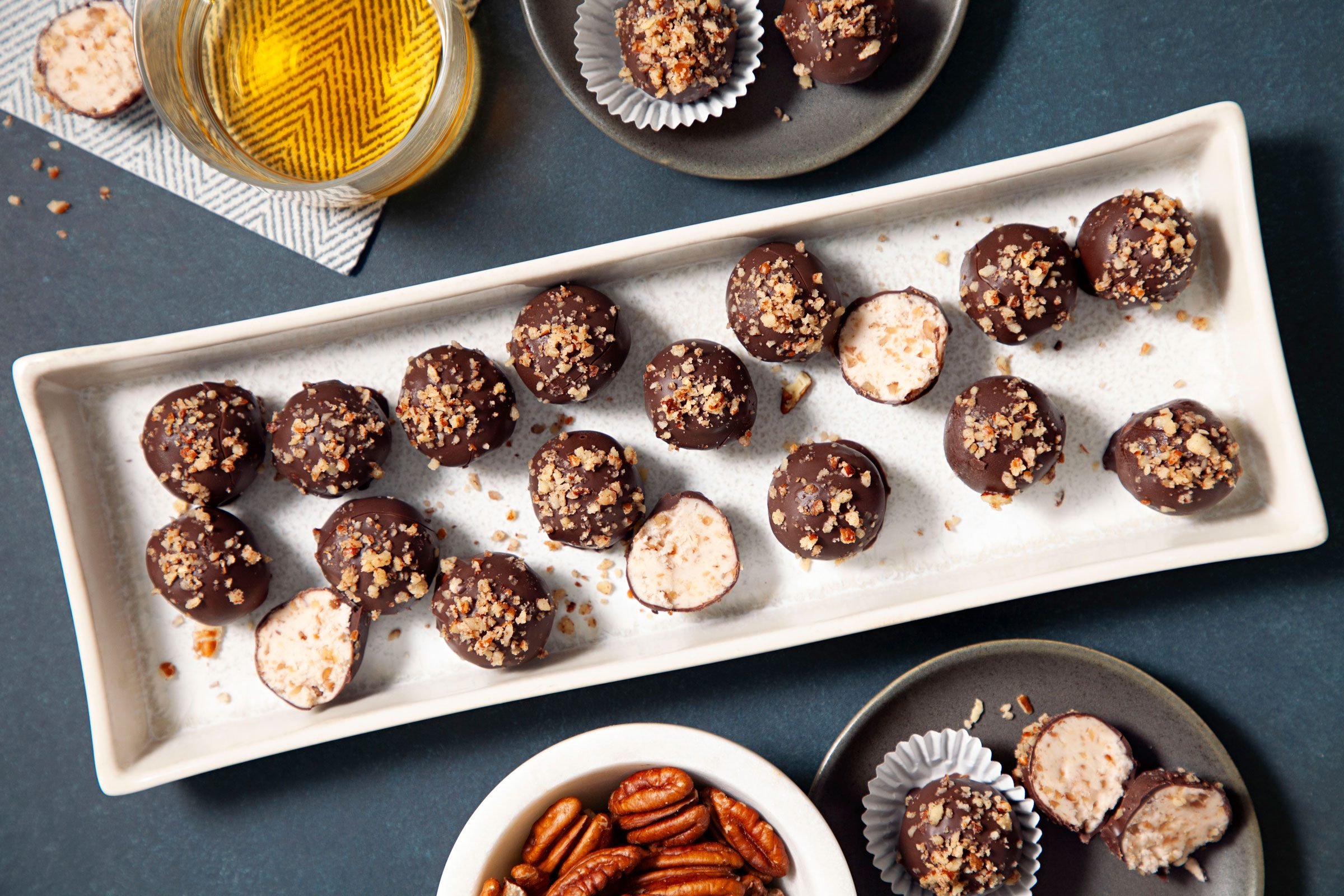 white rectangular platter of Bourbon Ball