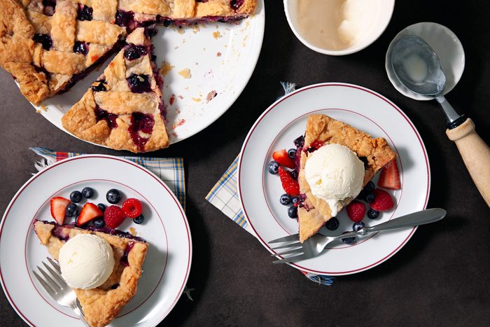 Flaky Bumbleberry Pie served with ice cream table