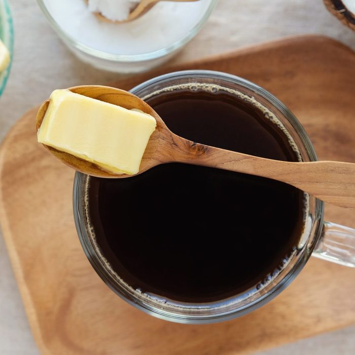 bulletproof coffee, blended with organic grass fed butter and MCT coconut oil, paleo, keto, ketogenic drink breakfast