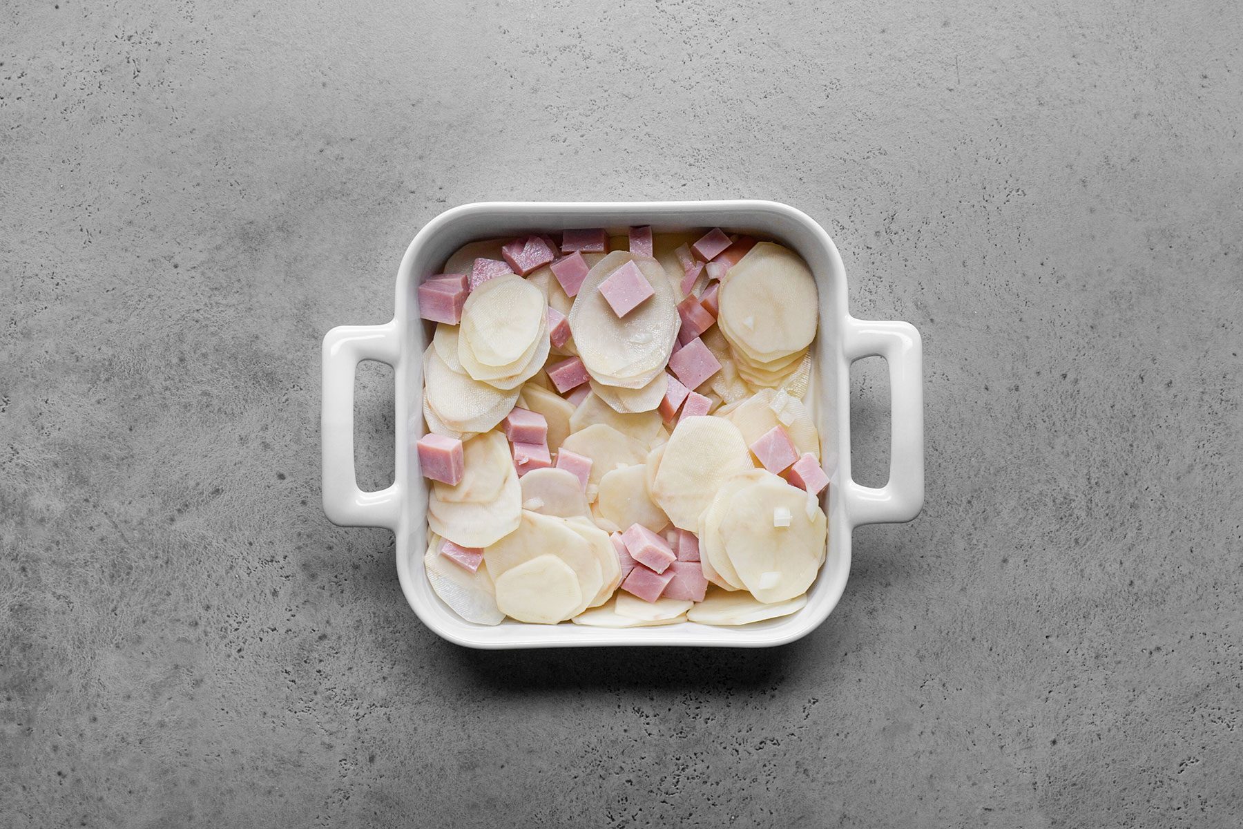 Chopped Ham And Potatoes in baking dish