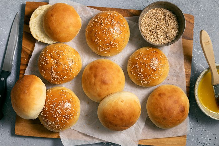 Brushed burger buns with butter