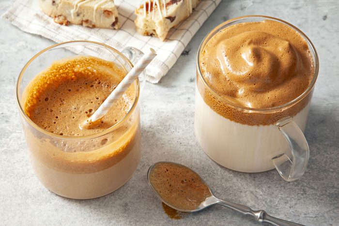 high angle shot of dalgona coffee