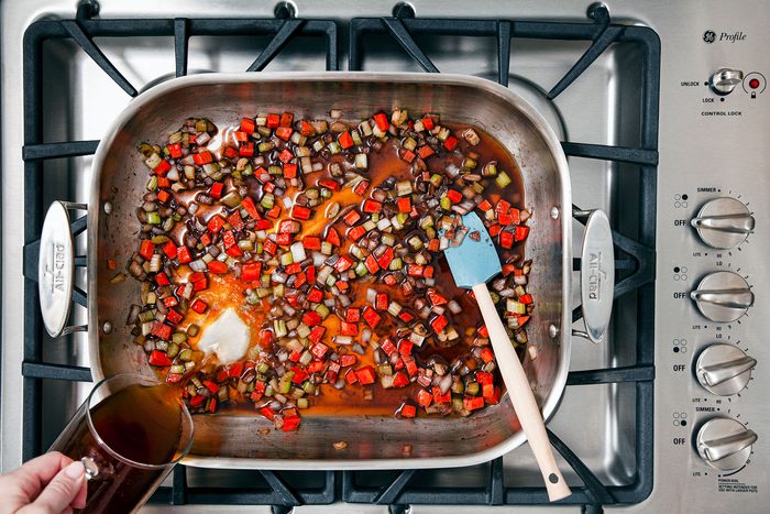A pan of food on a stove