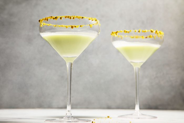 two Pistachio Martini served in glasses with a decorated rim