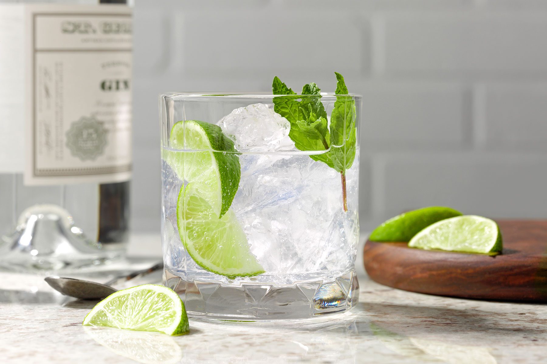 Gin And Tonic served in glass filled with and garnished with mint leaves and lemon wedges