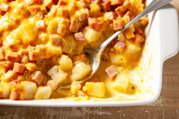Close Shot Of Ham And Potato In A Baking Dish