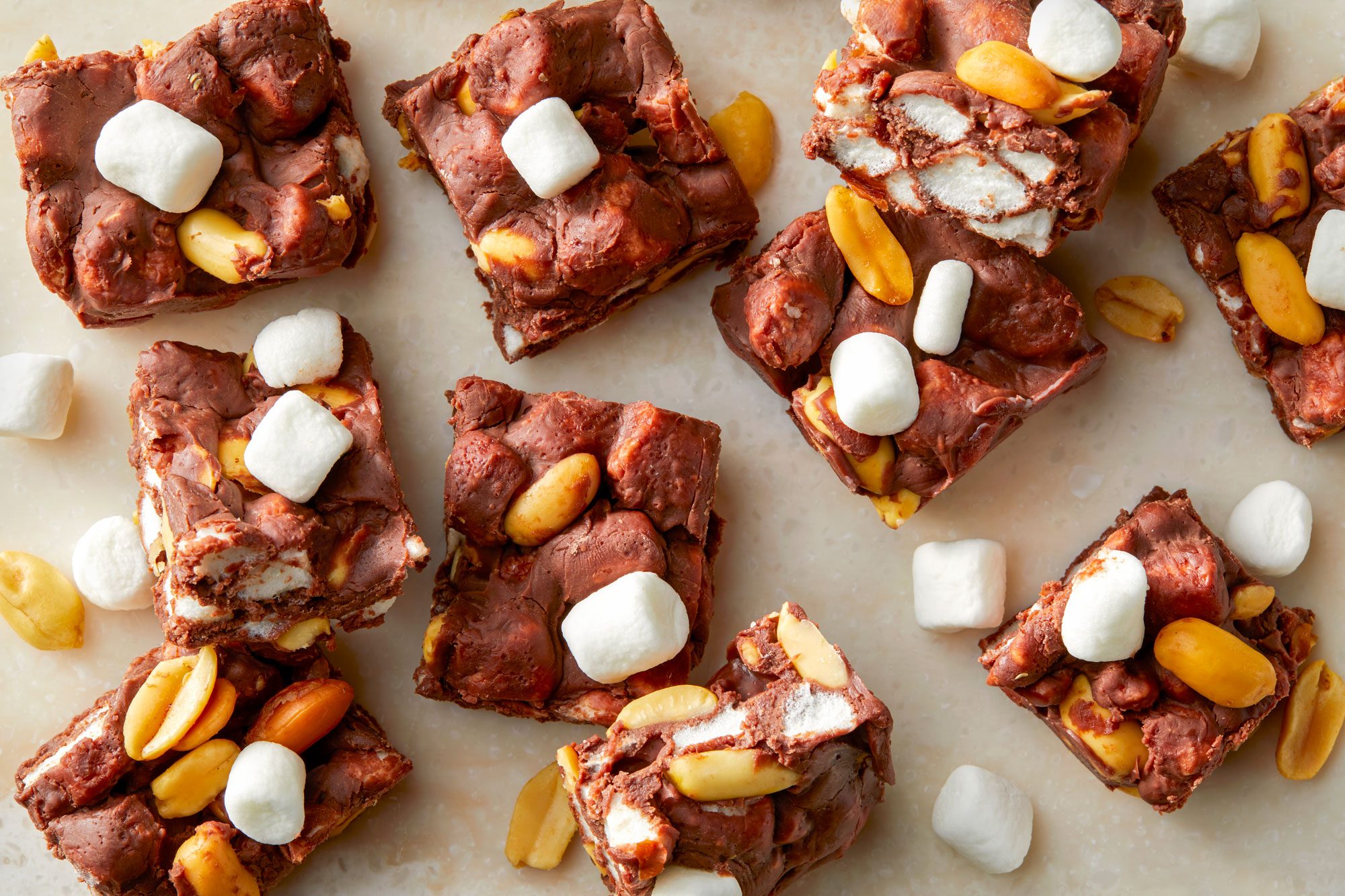 Overhead Shot of Rocky Road Fudge; Light Background;