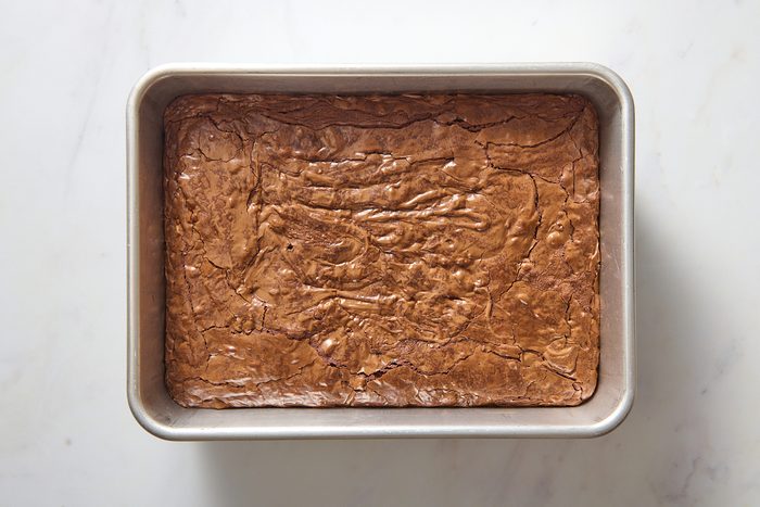 Brownies in a pan after being baked
