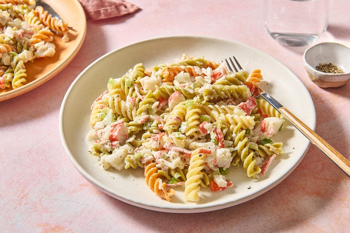 Closeup shot of crab pasta salad on a plate