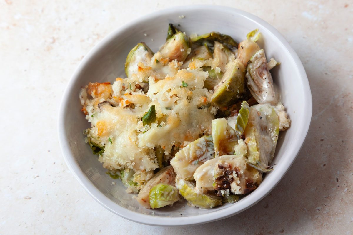 single serving of Taste of Home Brussels Sprouts au Gratin in a bowl