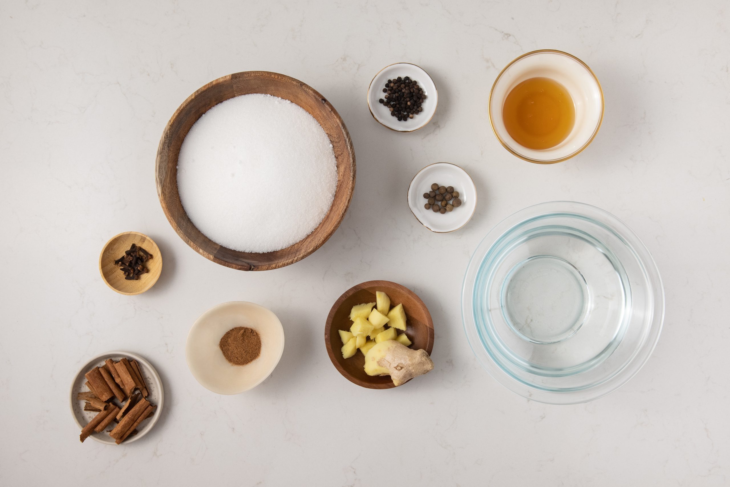 Ingredients for gingerbread syrup on kitchen counter.