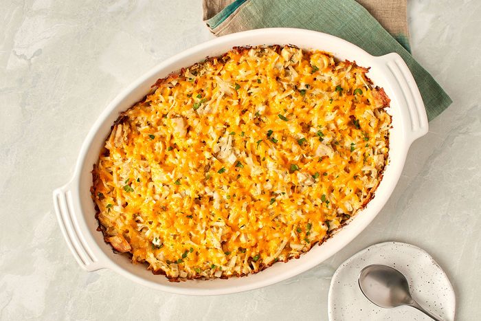 Bake casserole and finish with cheddar and cilantro