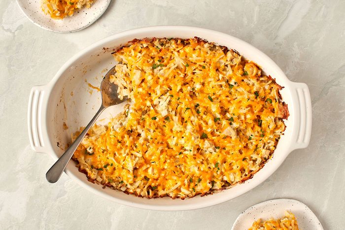 Bake casserole and finish with cheddar and cilantro