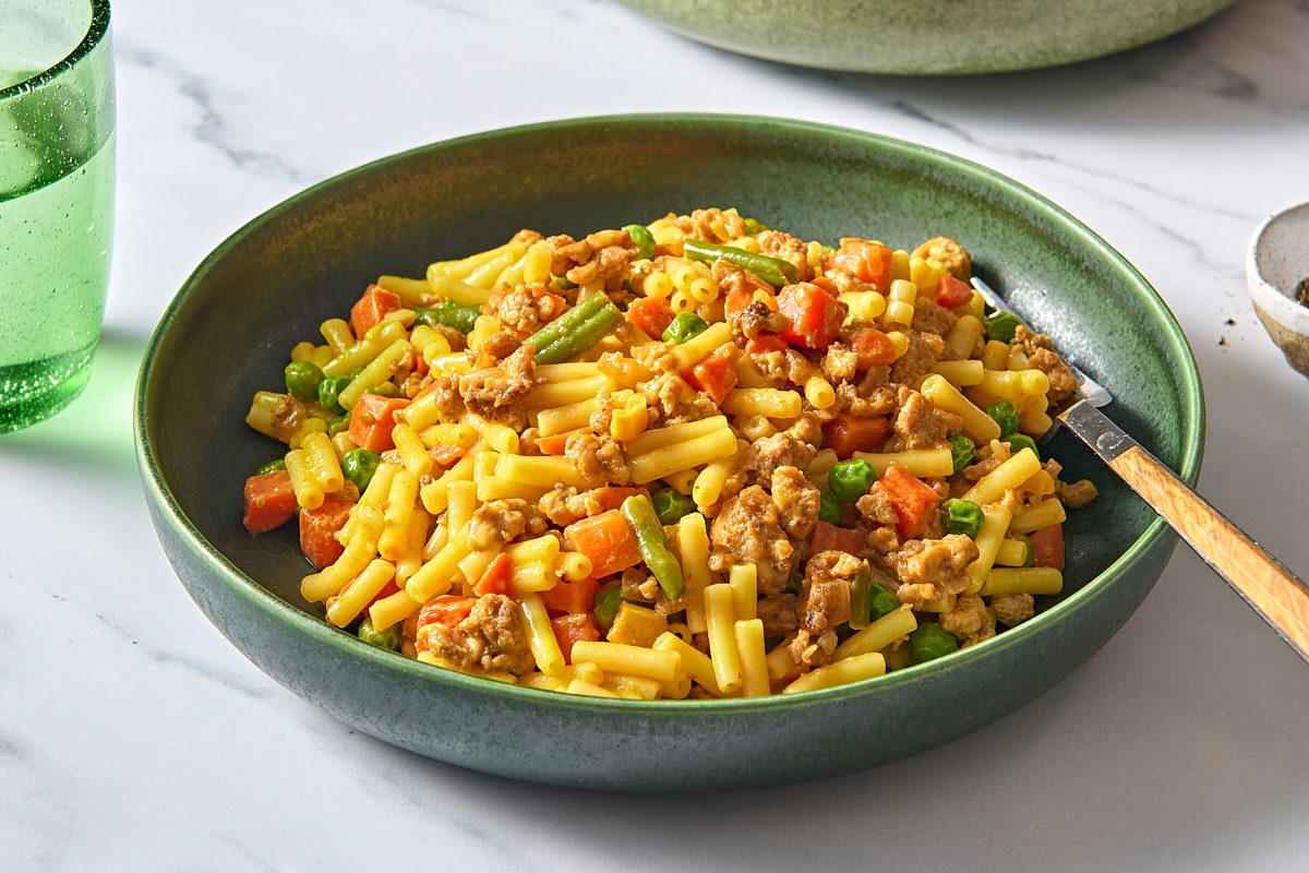 Closeup of hamburger mac and cheese on a plate