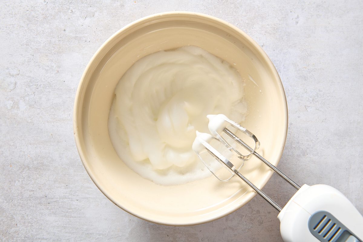 Egg whites mixed into stiff peaks