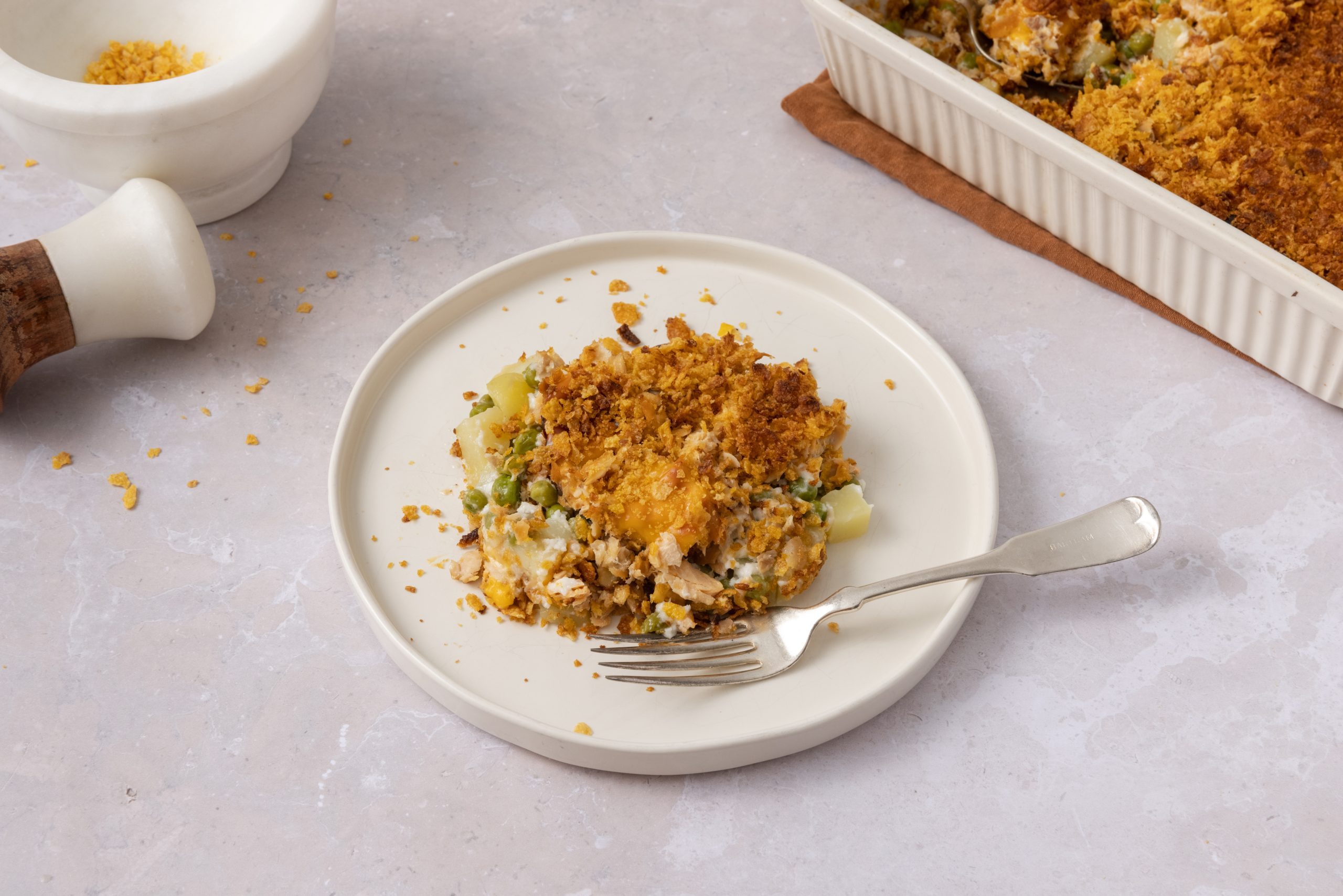 Salmon casserole served on plate.
