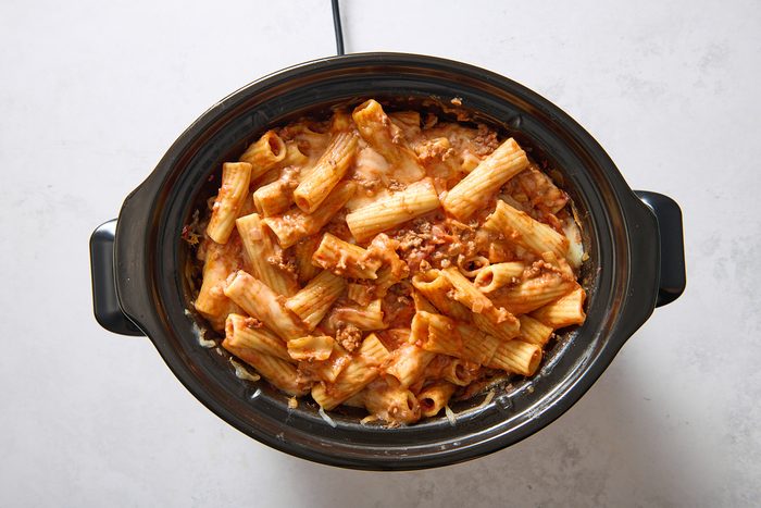 Pizza casserole after being cooked in the slow cooker