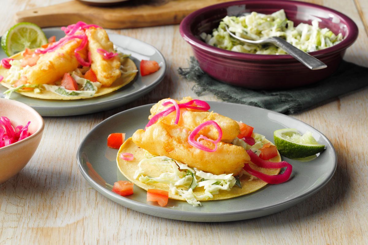 Beer Battered Fish Tacos served on a plate