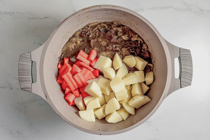 Venison carrots and potatoes for Taste of Home venison stew in a Dutch oven