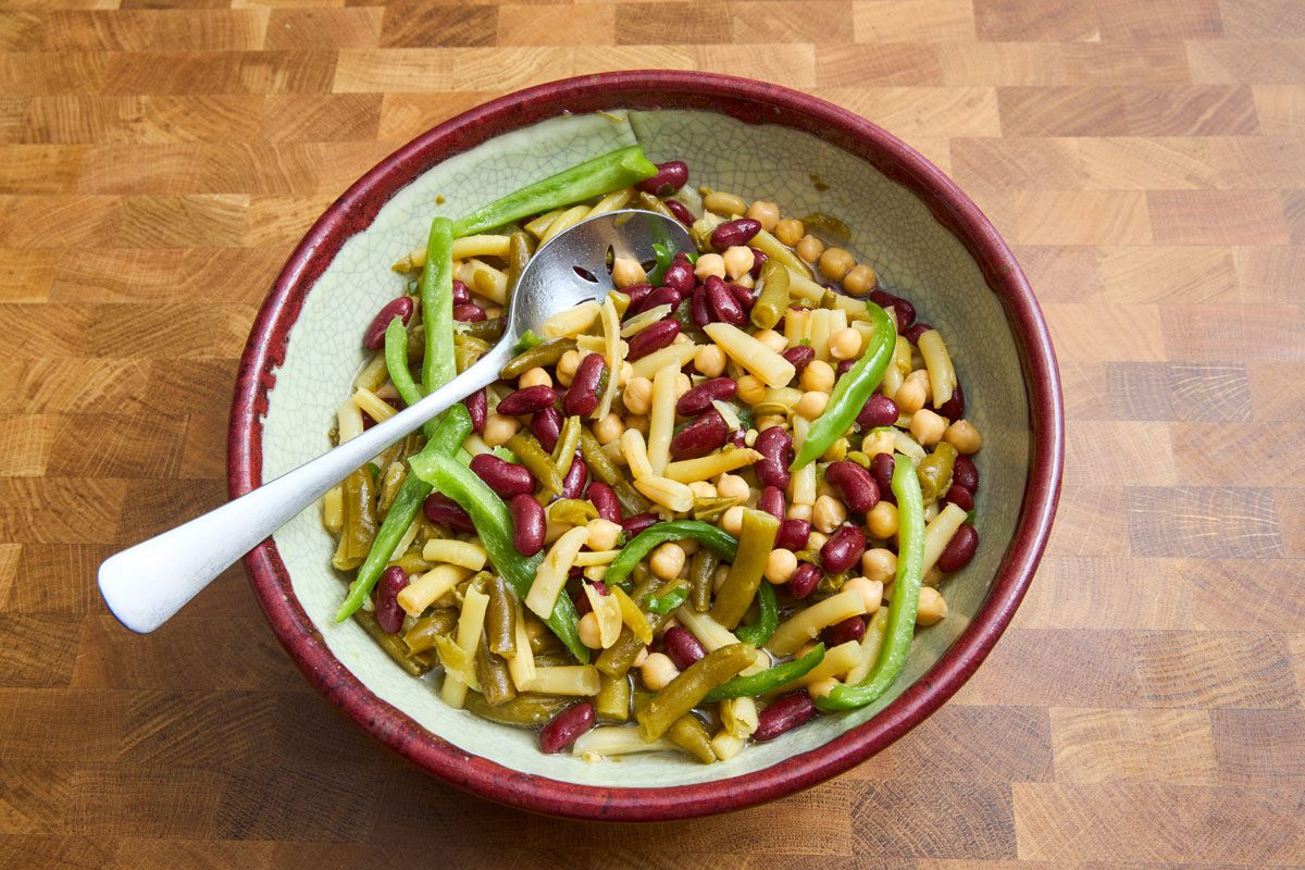 4-Bean Salad in bowl ready to be served with spoon