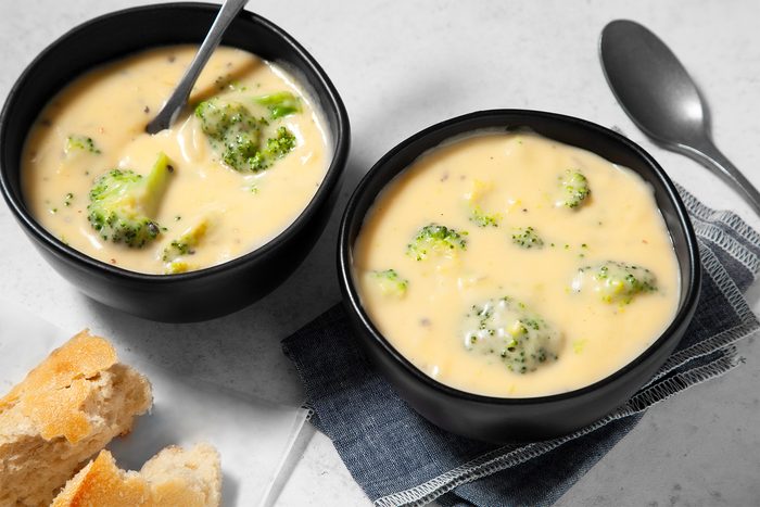wide shot of broccoli cheddar soup