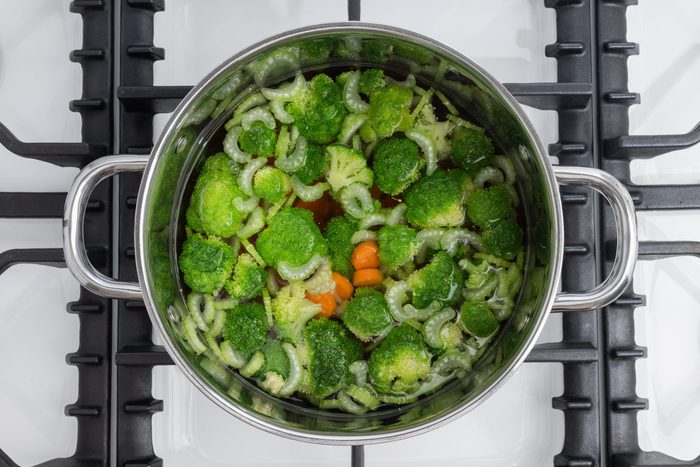 Broccoli, carrots and celery brought to a boil.