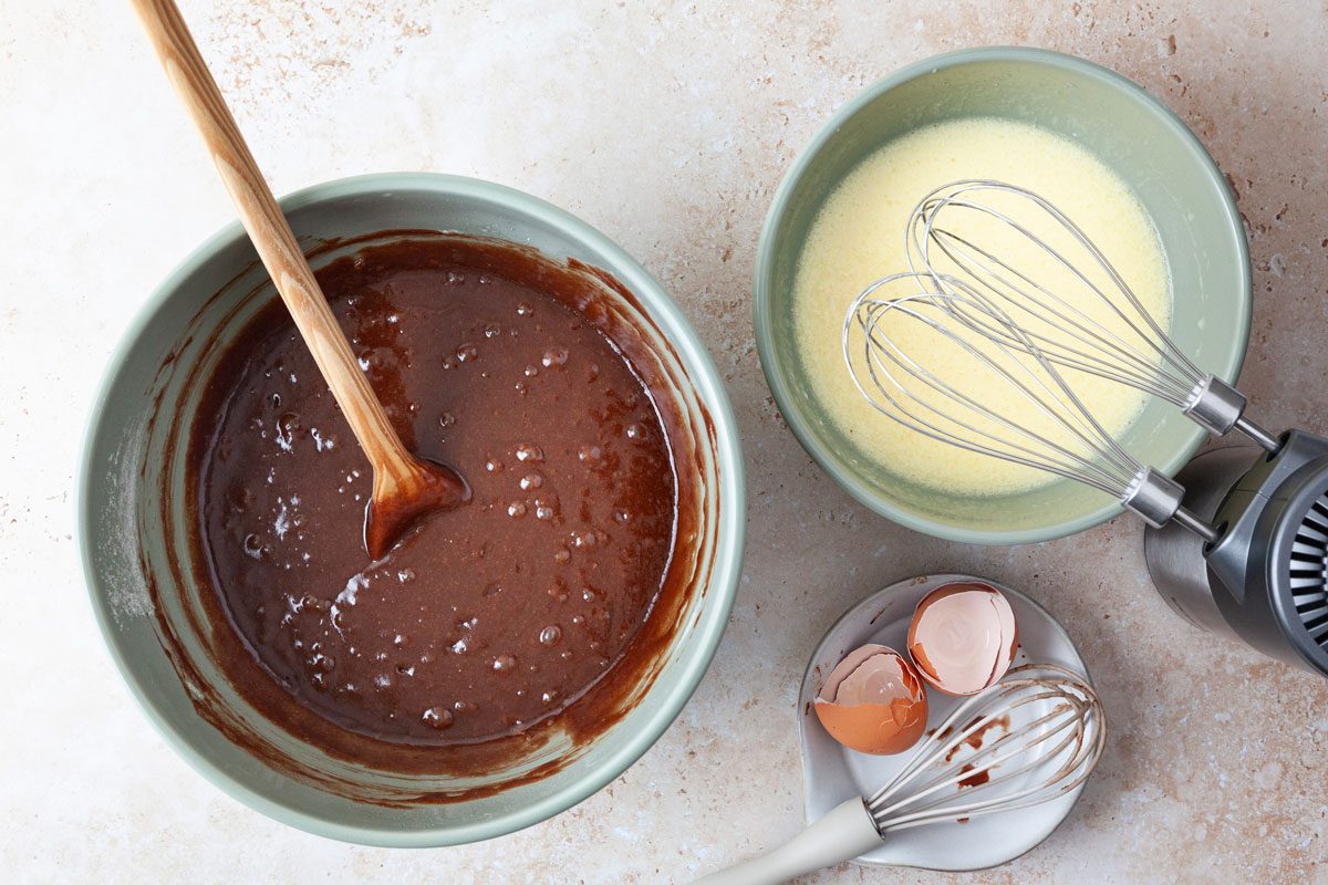 Step 2 of Taste of Home Buttermilk Chocolate Cake is to combine the flour, sugar and baking soda; add cocoa mixture. Combine eggs, oil and buttermilk; add to cocoa mixture and beat until smooth.