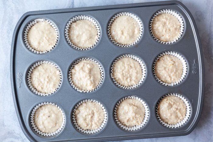 Step 2 of Taste of Home Buttermilk Muffins is to fill greased or paper-lined muffin cups three quarters of the way full with the buttermilk muffin batter. Bake at 400°F for 16 to 18 minutes