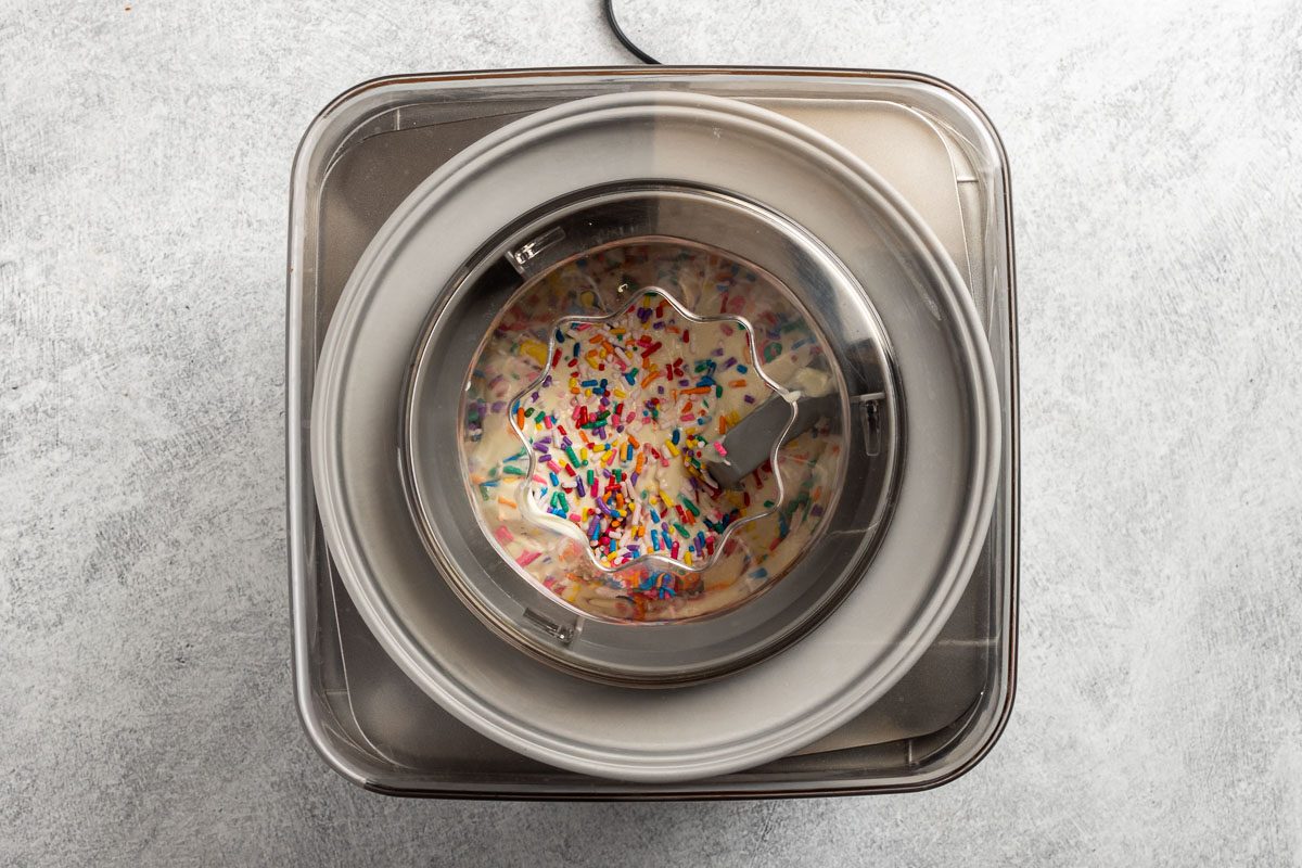 Taste of Home Cake Batter Ice Cream recipe photo of the mixture added to the ice cream maker.