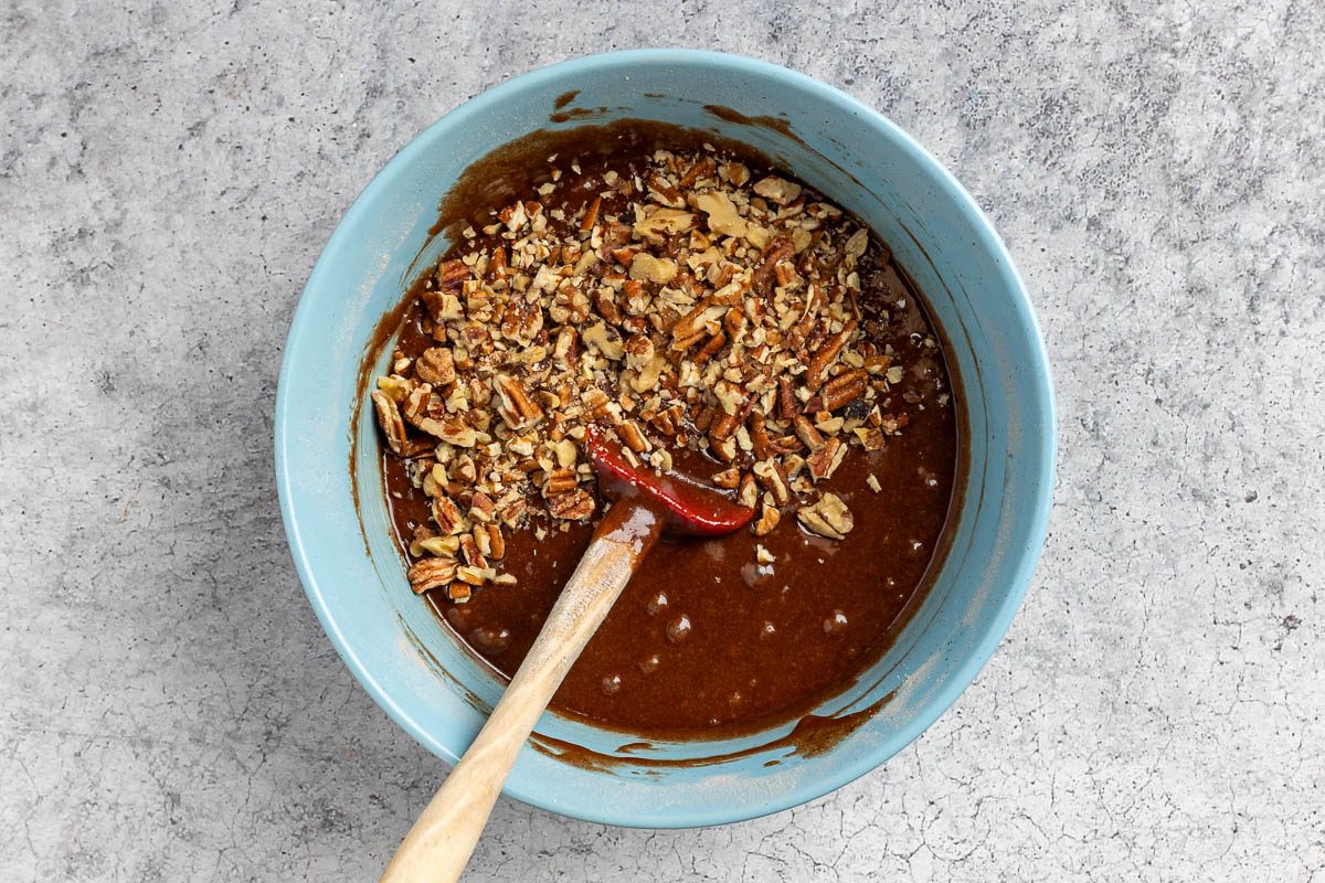 Taste of Home Chewy Brownie Recipe photo of combining the wet and dry ingredients.