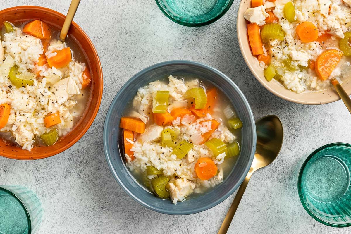 Taste of Home Chicken and Rice Soup recipe photo of the finished recipe served into bowls.