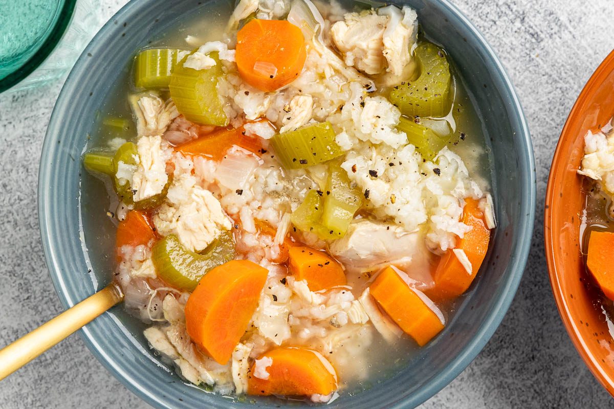Taste of Home Chicken and Rice Soup recipe photo of the finished recipe served into bowls.