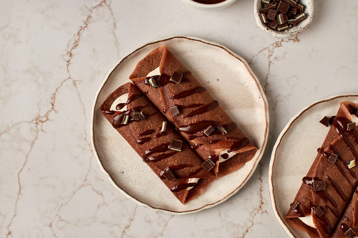 Chocolate crepes recipe by Taste of Home with cream filling.