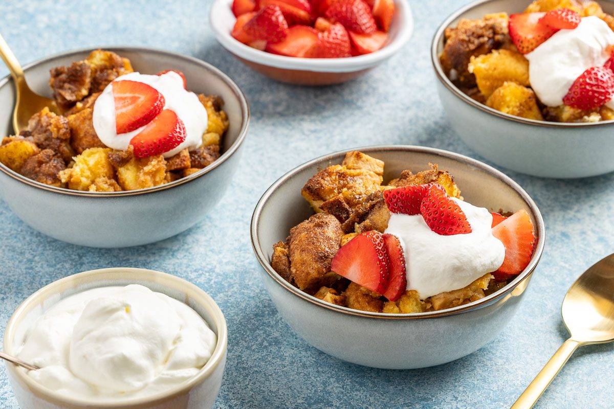 Taste of Home Donut Bread Pudding recipe photo the finished recipe served into bowls.