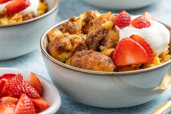 Taste of Home Donut Bread Pudding recipe photo the finished recipe served into bowls.
