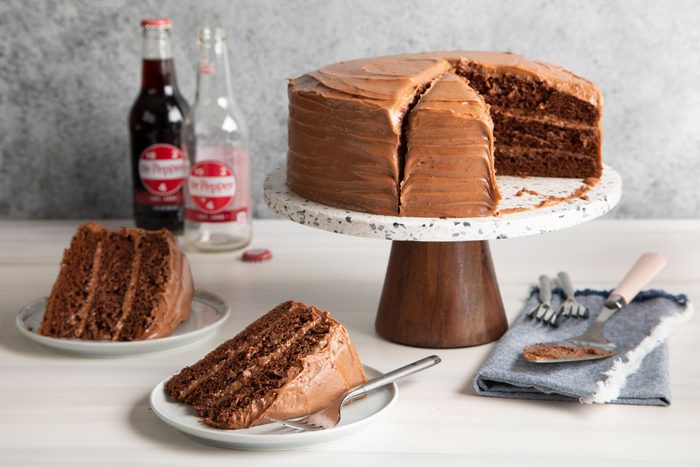 Dr Pepper Cake on a cake stand
