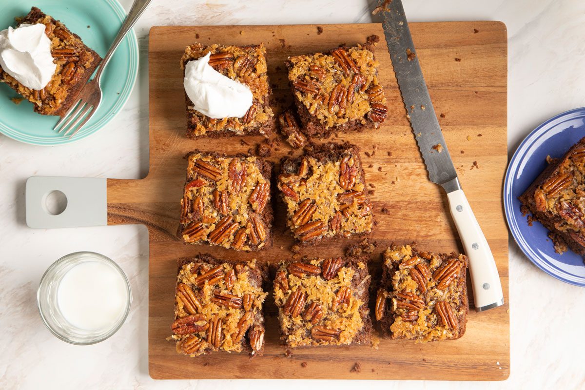 German Chocolate Upside Down Cake slices served on a cutting board