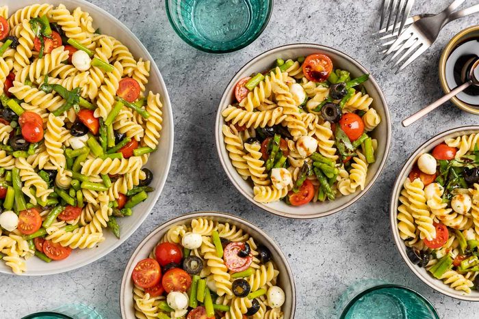 Taste of Home Gluten Free Pasta Salad recipe photo of the finished recipe served into bowls.