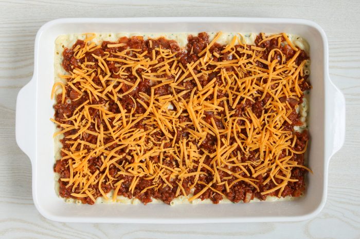 Hamburger Macaroni Casserole ready to bake